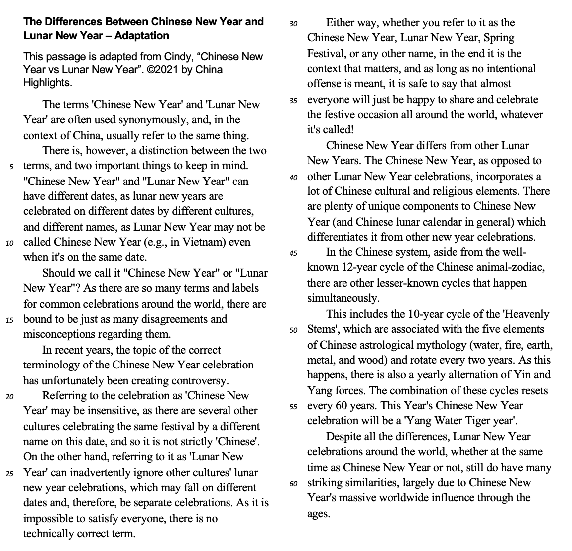 Chinese New Year passage about the difference between Chinese and Lunar New Year