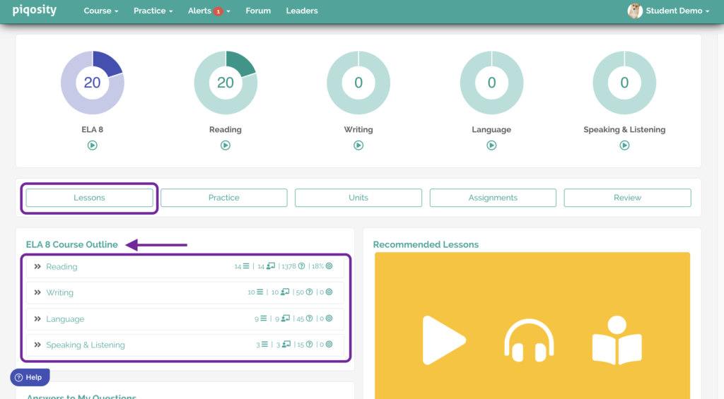 The ELA 5 dashboard – identifying how to access Lessons