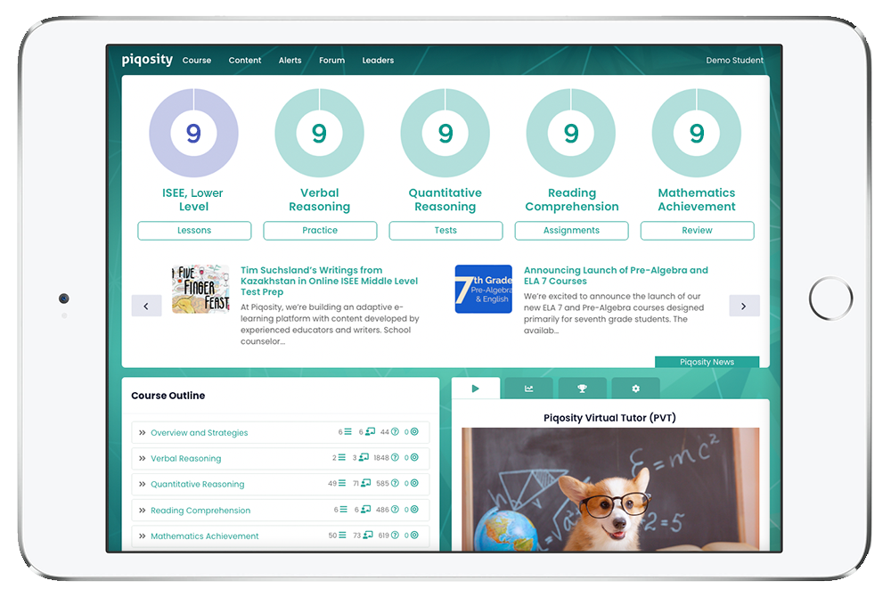 iPad with Piqosity ISEE Lower Level Student Dashboard