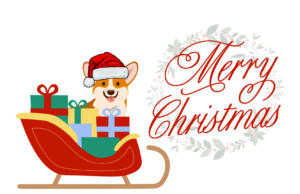 merry christmas, with a corgi santa on a sled full of presents!