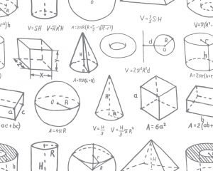 Volumetric geometric shapes with formulas depicted in a doodle style