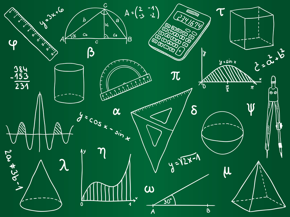 various measurement tools and geometric shapes on chalkboard