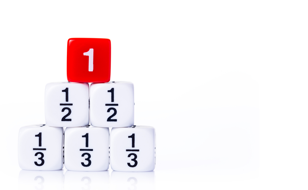 Stacked white fraction dices and number one red dice on white background