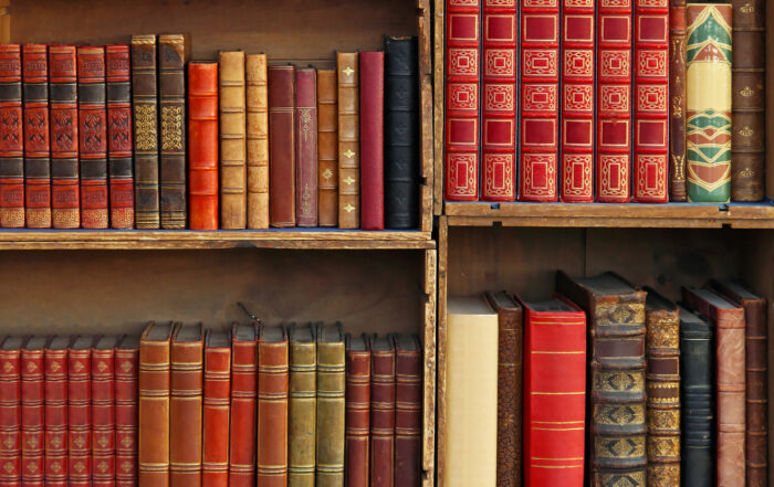 Medieval books in wooden bookcases