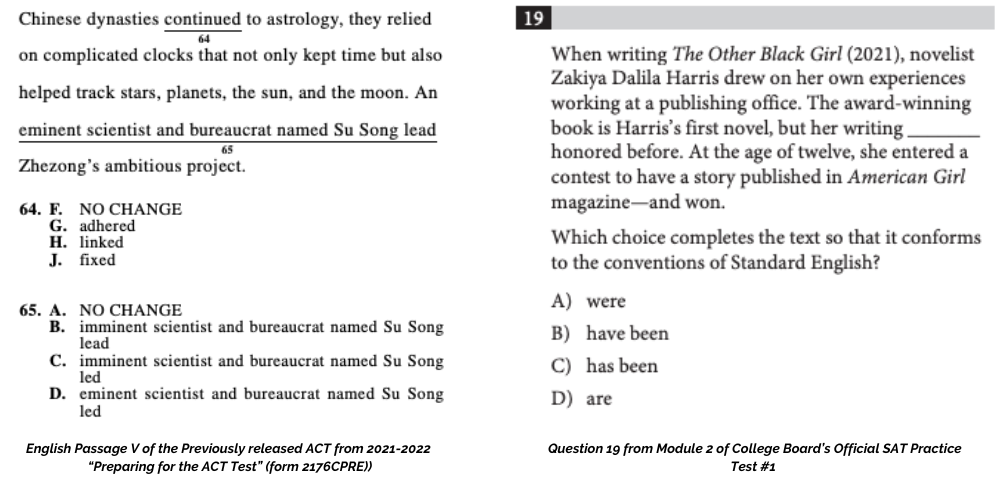 Examples of English questions from the ACT vs SAT
