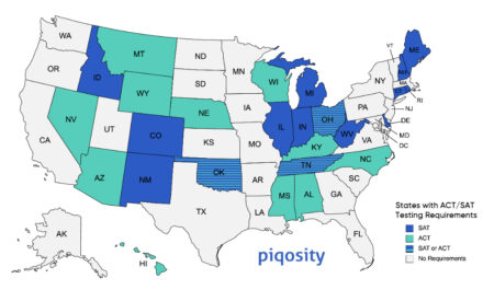 A map chart of the United States, demonstrating which states require the SAT, which require the ACT, and which require either of the two using color.
