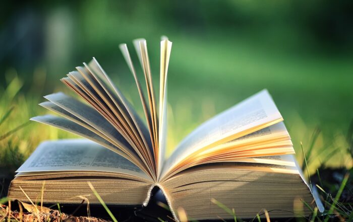 open poetry book on grass