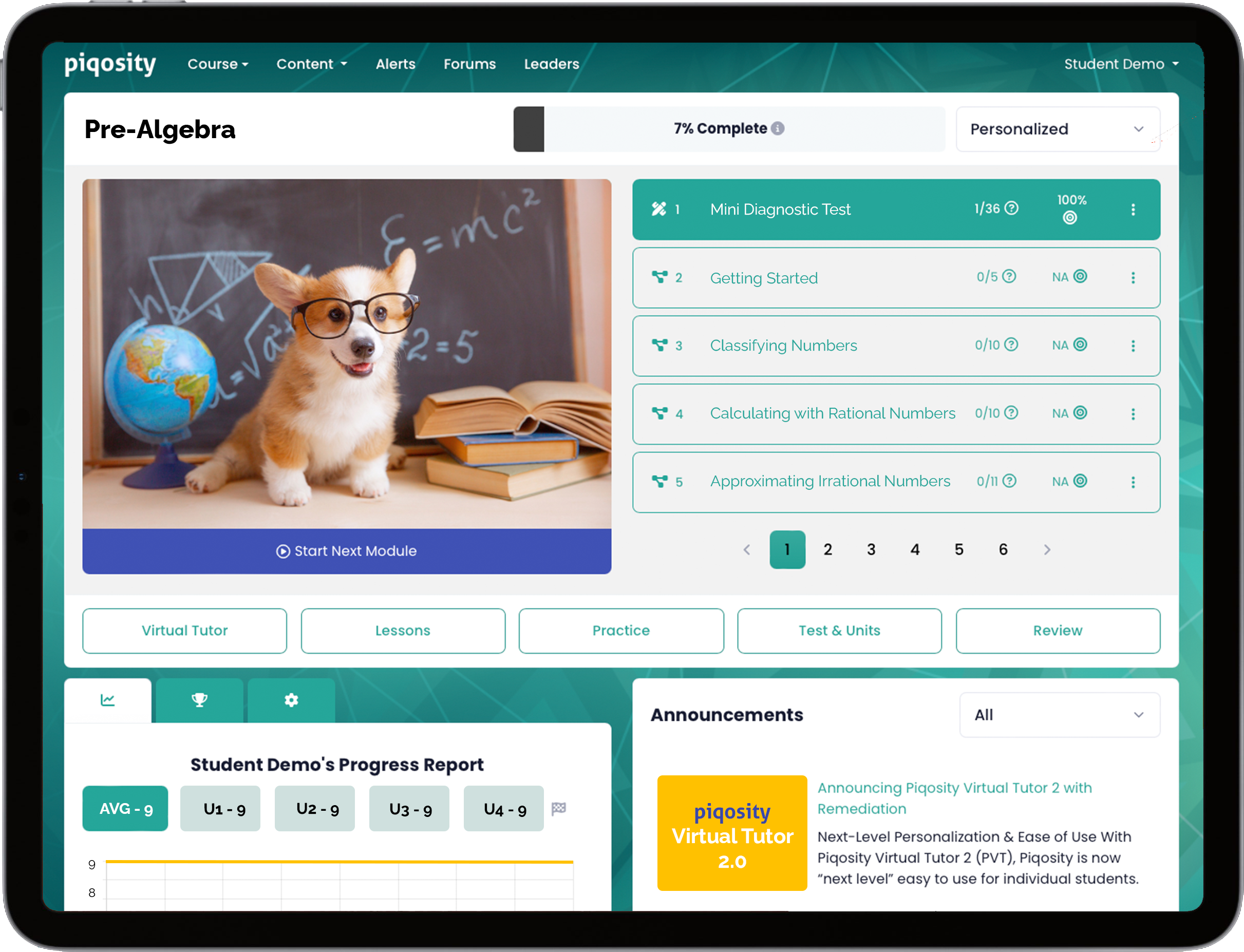 student-dashboard-prealgebra-121024 Algebra 2 student dashboard on iPad
