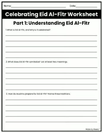 celebrating eid reading comprehension activity worksheet short answer questions