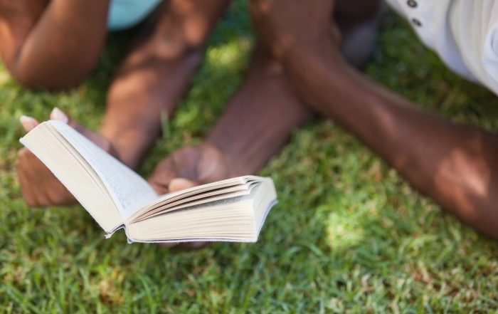 Two Black readers in the grass on a sunny June day. Books to read for Juneteenth cover image.