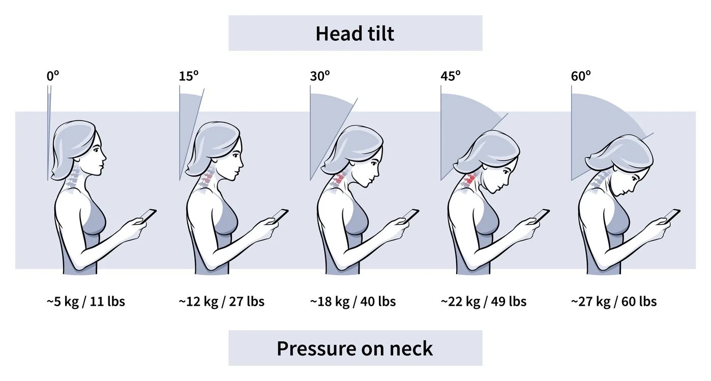 Load in lbs on neck and back when posture tilting head with phone at 15 degrees (27lbs) 30 degrees (40lbs) 45 degrees (49lbs) 60 degrees (60lbs)