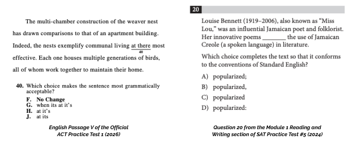 Example English questions from the ACT and SAT official practice tests.